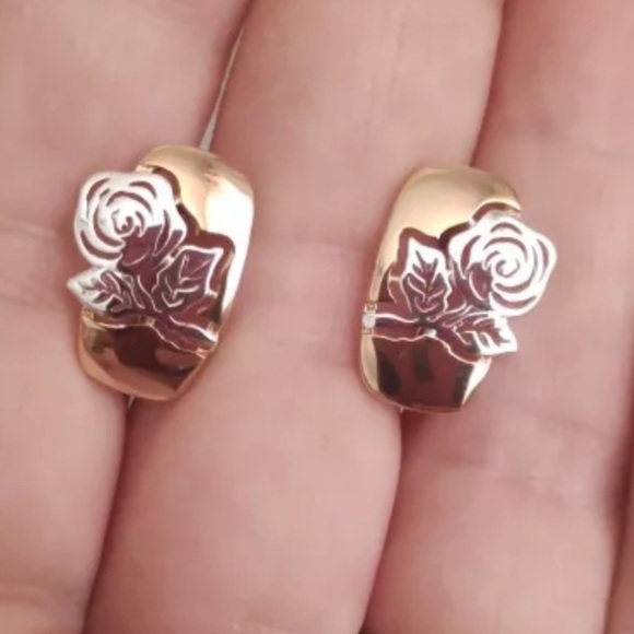 VINTAGE Rose Gold Silver Flower Pattern Earrings - Picture 7 of 9